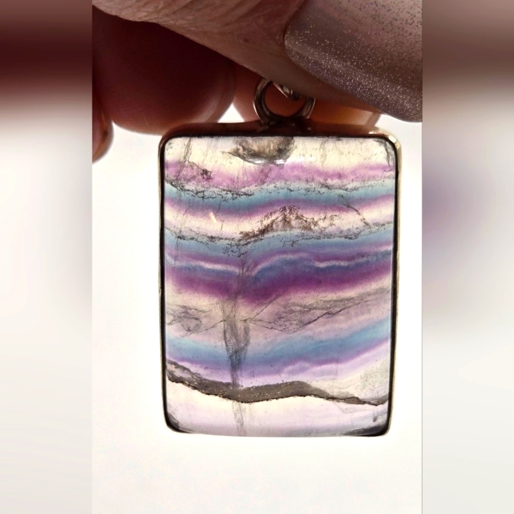 Multicolor Banded Rainbow Flourite Striped Pendant Sterling Silver